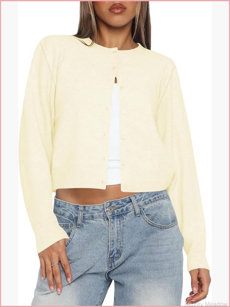 Lightweight Cropped Cardigan Sweater - Long Sleeve Button Up Knit